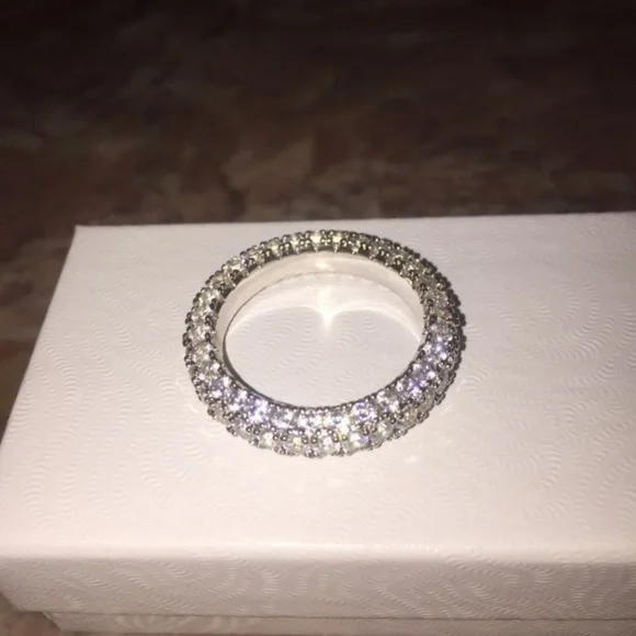 New Woman’s 18K Gold Plated Sterling Silver 3 Row White Sapphire Eternity Ring - Picture 5 of 10